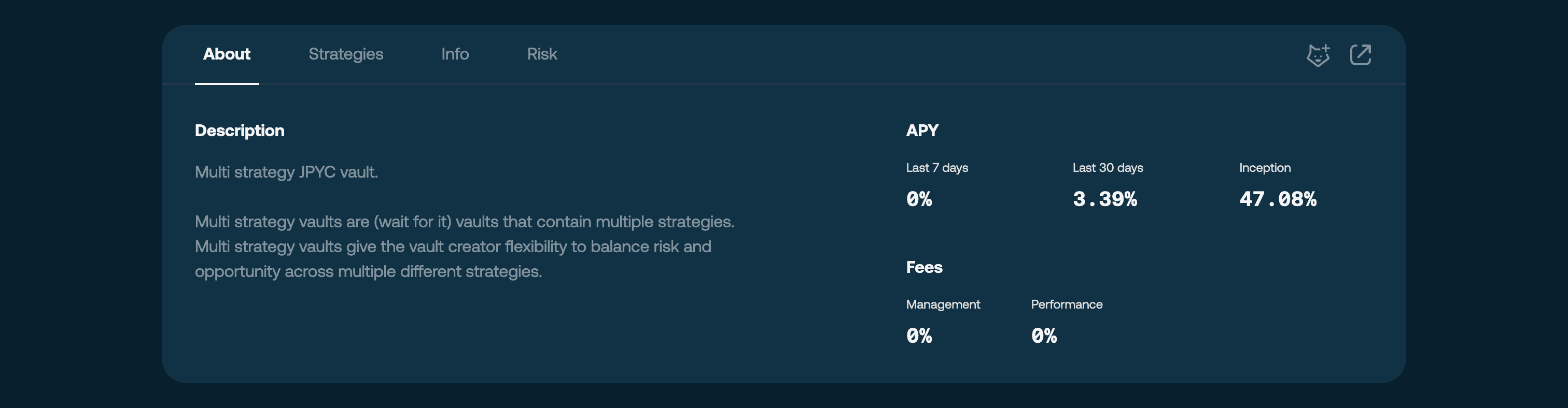 About tab with APY and fees