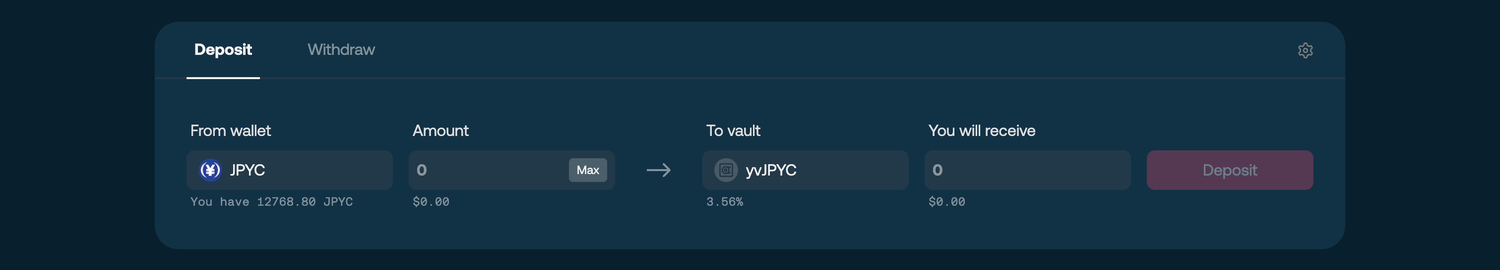 Deposit and Withdraw tabs