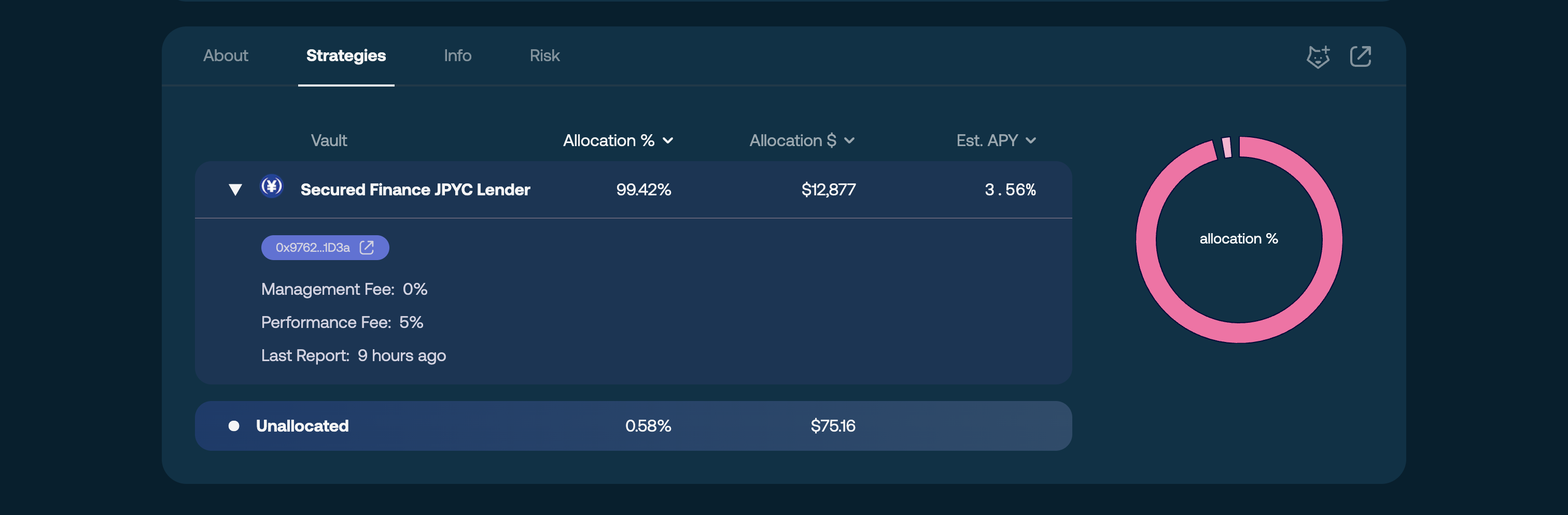 Strategies tab with an expanded strategy and unallocated balance