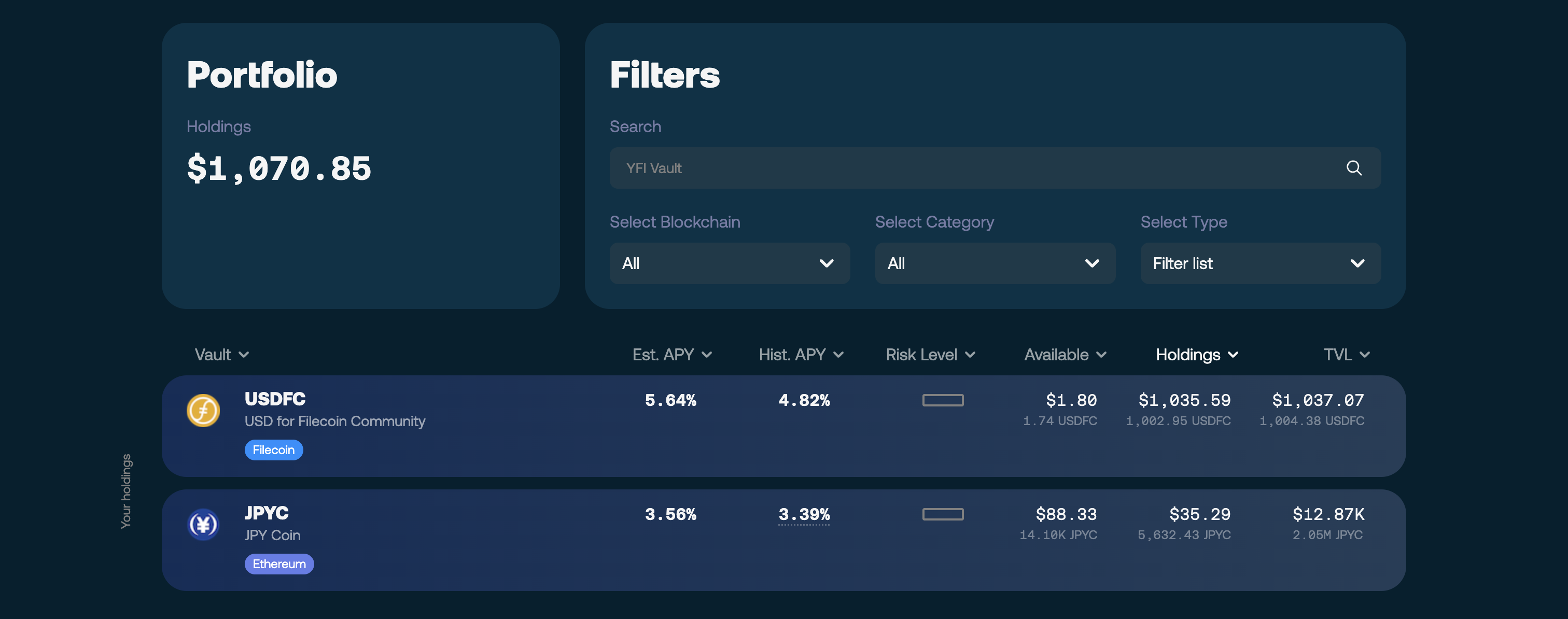 Vault list in the SF Yield Vault app